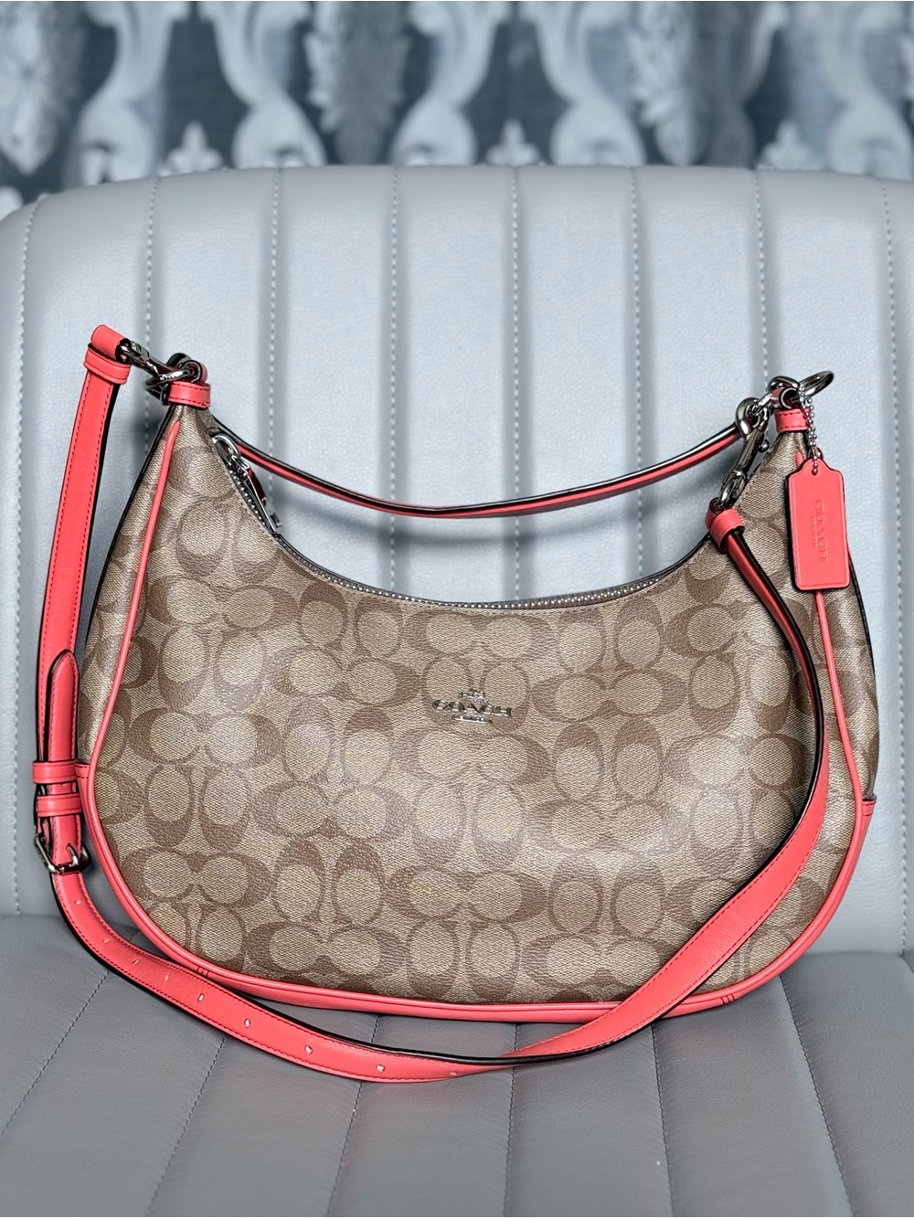 Coach Signature Harley East West Hobo Khaki and Red-Orange Convertible Crossbody